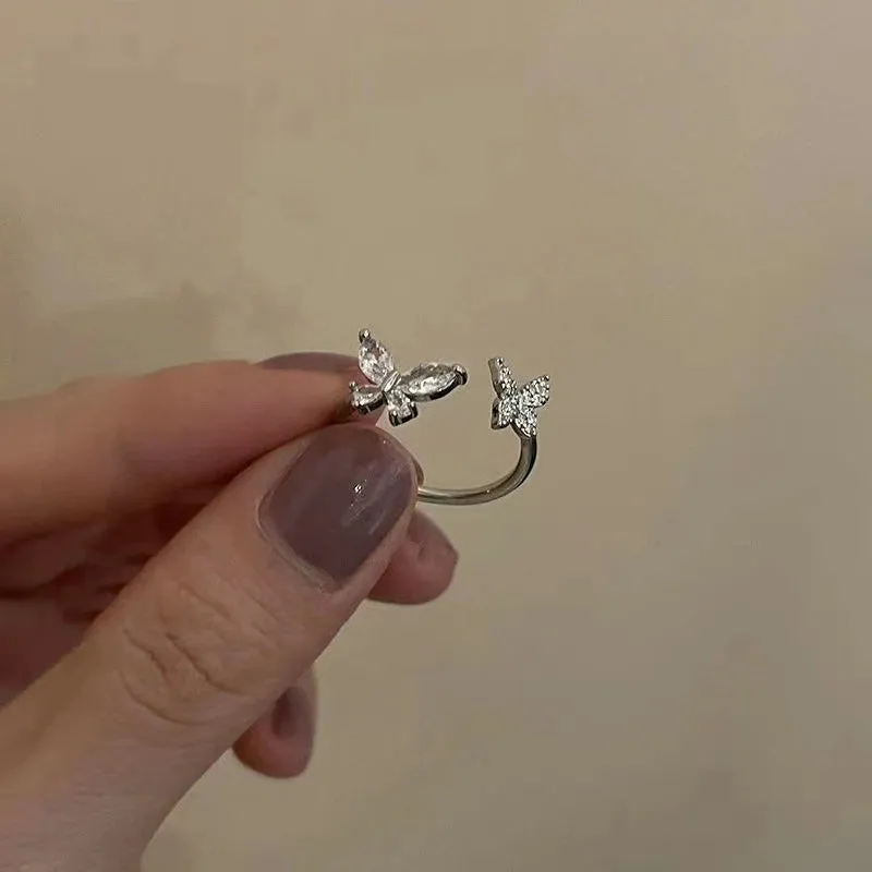 Fashion Princess Pink Crystal Bow Knot Rings Exquisite Y2K Sweet Girls Fairy Birthday Women Party Jewelry Gifts Accessories