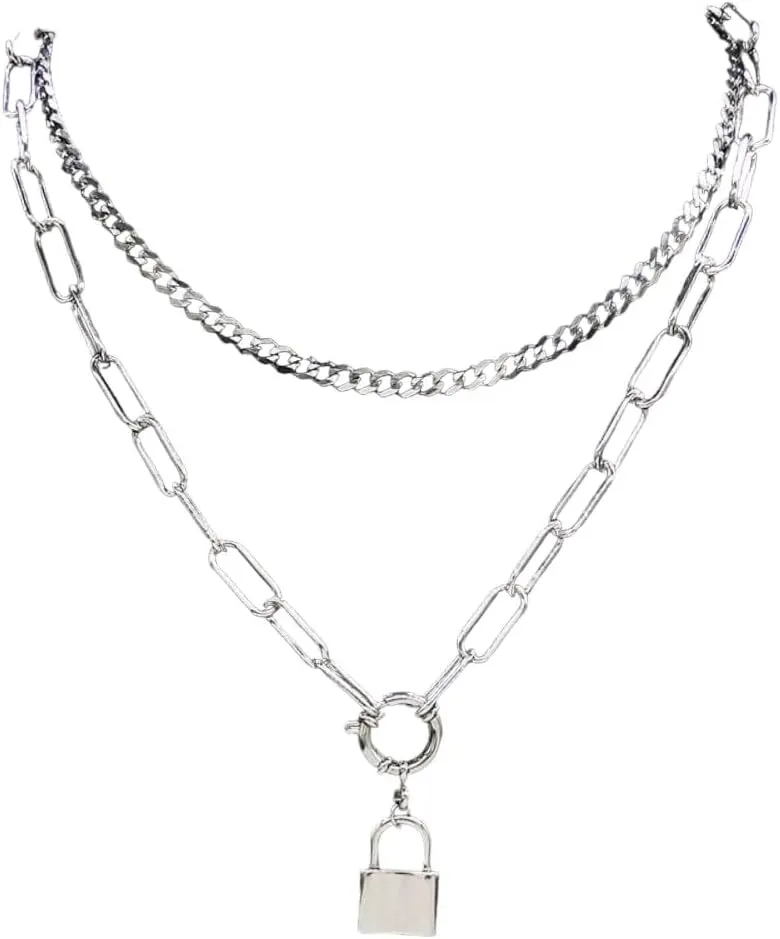 Fashion Punk Lock Stainless Steel Necklace For Women Silver Color Layered Necklaces Jewelry Moda VHM0388, As Customize