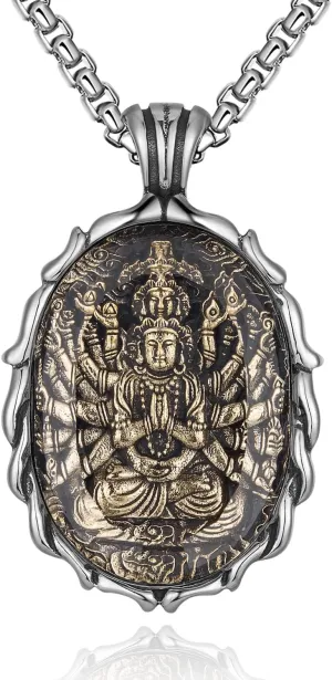 FAZOVIN Buddha Necklace for Men Stainless Steel Pendant Necklace Avalokitesvara Buddha Bodhisattva Amulet Patron Saint