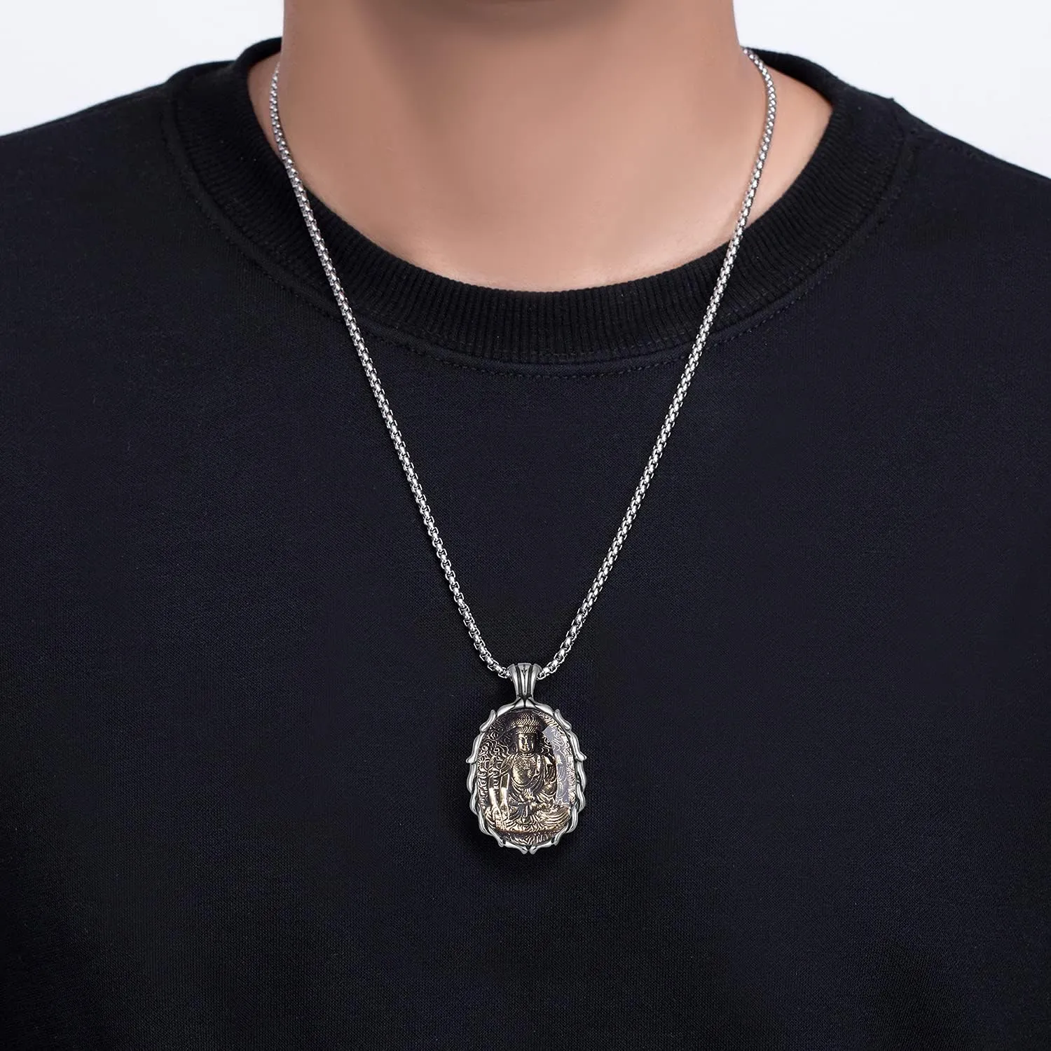 FAZOVIN Buddha Necklace for Men Stainless Steel Pendant Necklace Avalokitesvara Buddha Bodhisattva Amulet Patron Saint