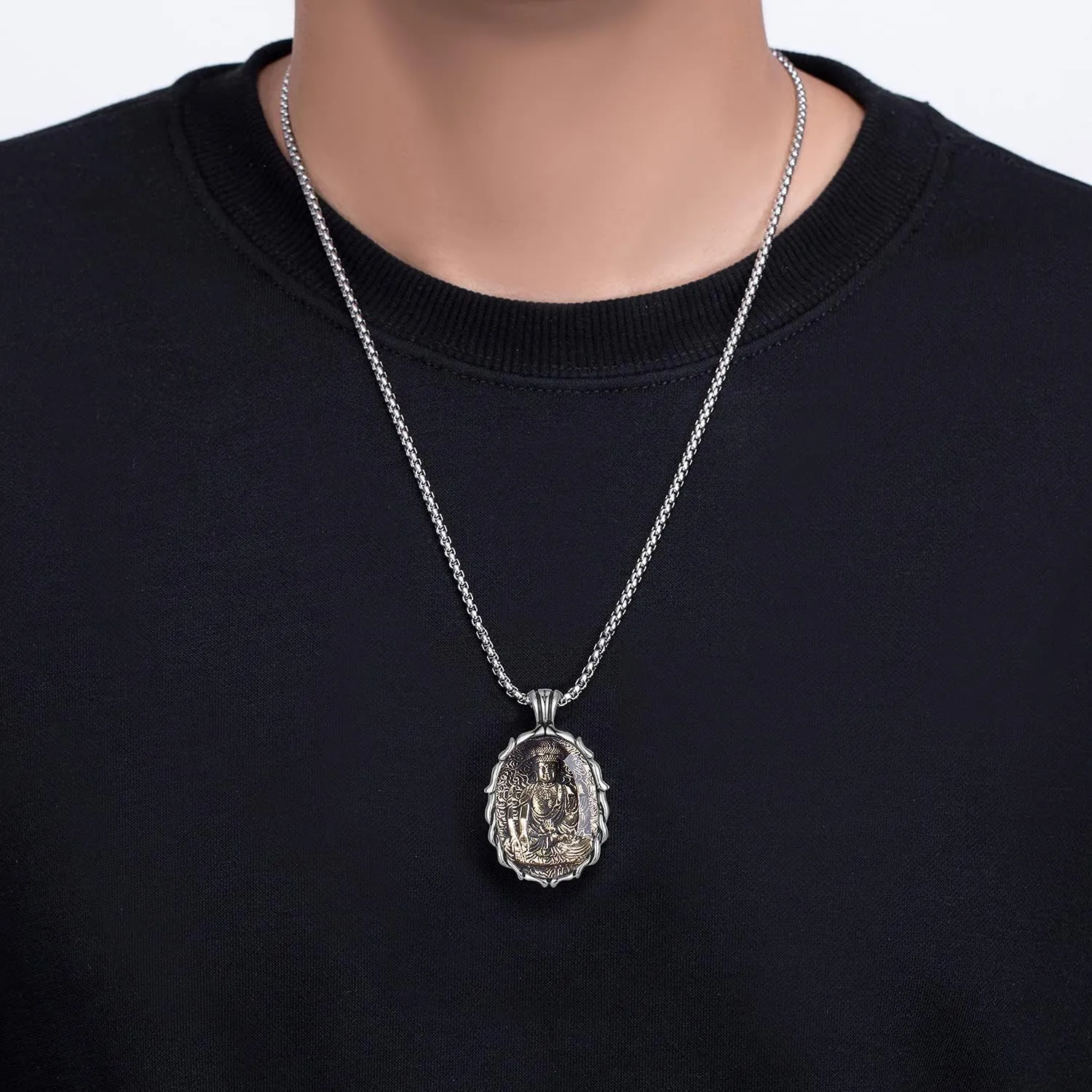 FAZOVIN Buddha Necklace for Men Stainless Steel Pendant Necklace Avalokitesvara Buddha Bodhisattva Amulet Patron Saint
