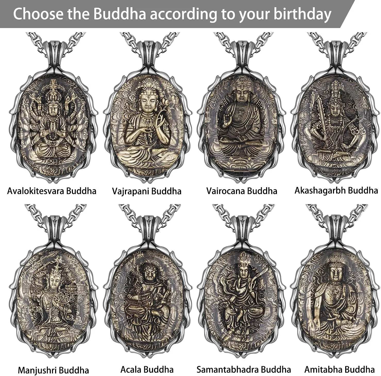 FAZOVIN Buddha Necklace for Men Stainless Steel Pendant Necklace Avalokitesvara Buddha Bodhisattva Amulet Patron Saint