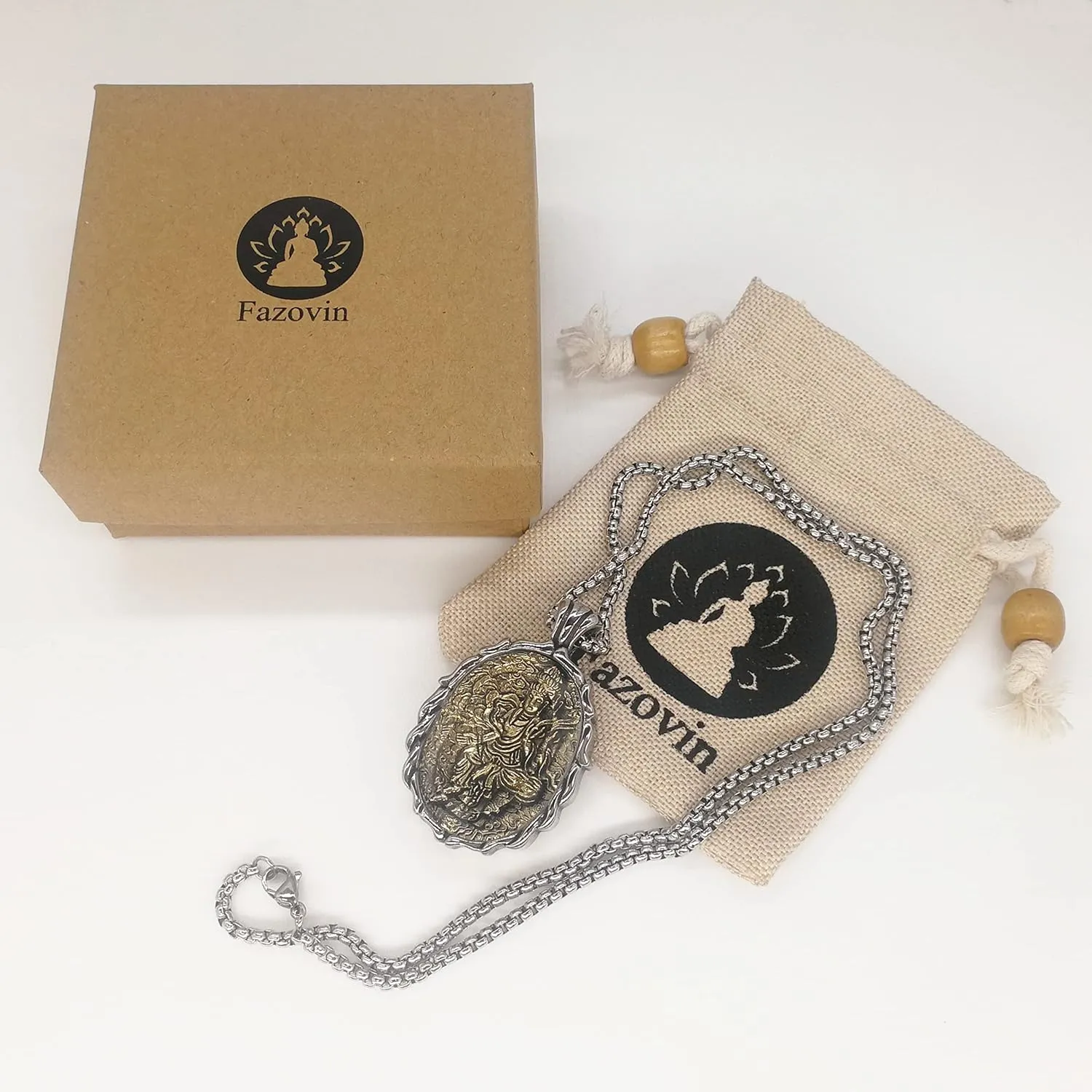 FAZOVIN Buddha Necklace for Men Stainless Steel Pendant Necklace Avalokitesvara Buddha Bodhisattva Amulet Patron Saint