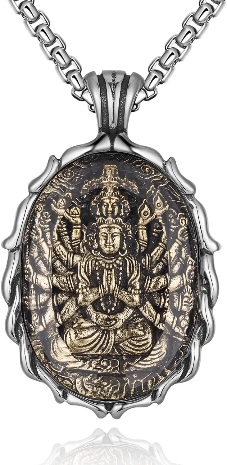 FAZOVIN Buddha Necklace for Men Stainless Steel Pendant Necklace Avalokitesvara Buddha Bodhisattva Amulet Patron Saint