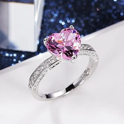 fINECREATION_USA !! 2Ct Heart Cut Lab Created Pink Sapphire Solitaire Engagement Ring 14K White Gold Finish (WHITE, 9)