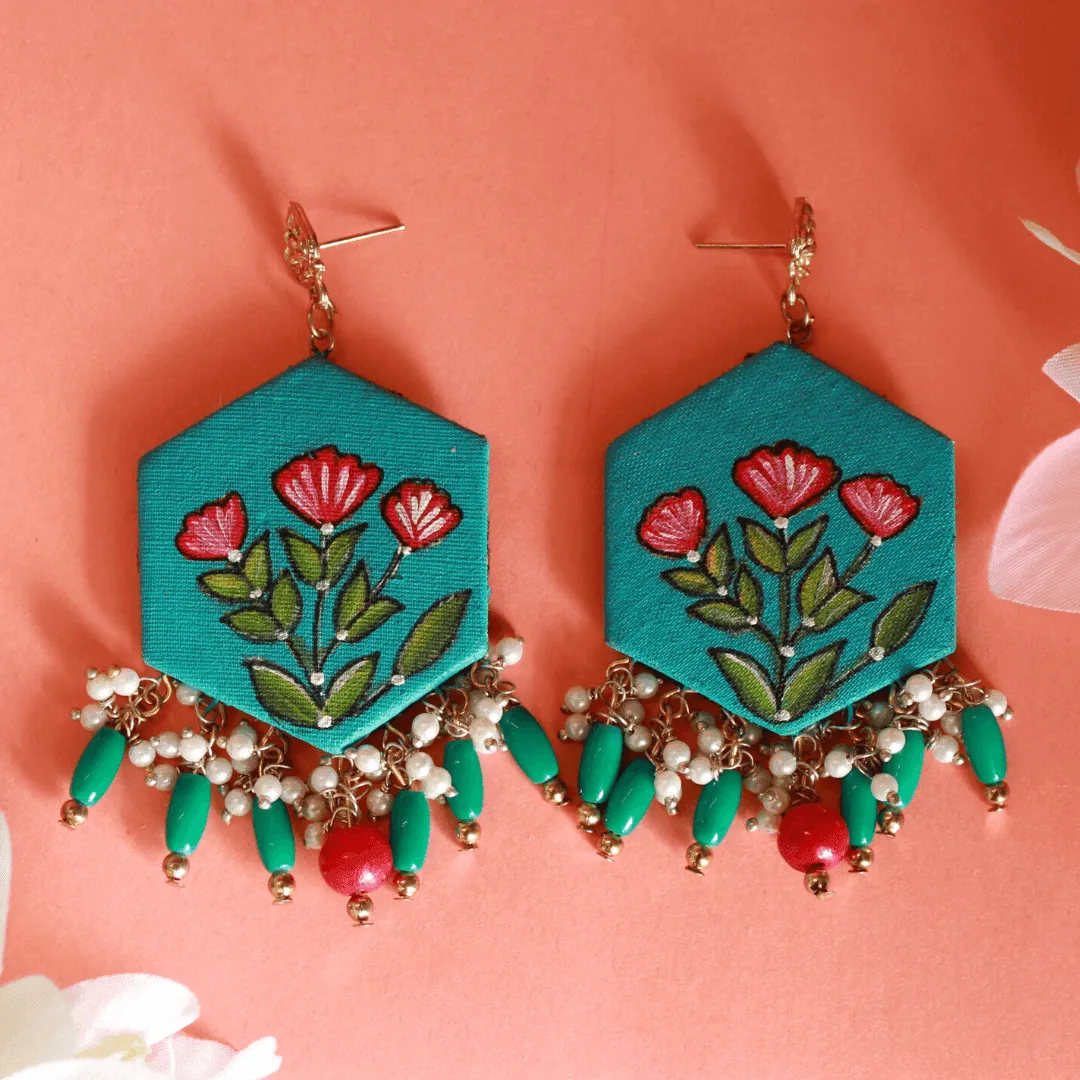 Floral Beaded Handpainted Green (Earrings)