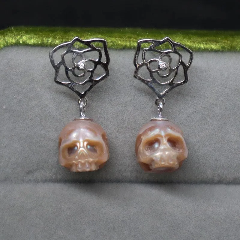 Floral Hollow Flower Pearl Cranium Earrings