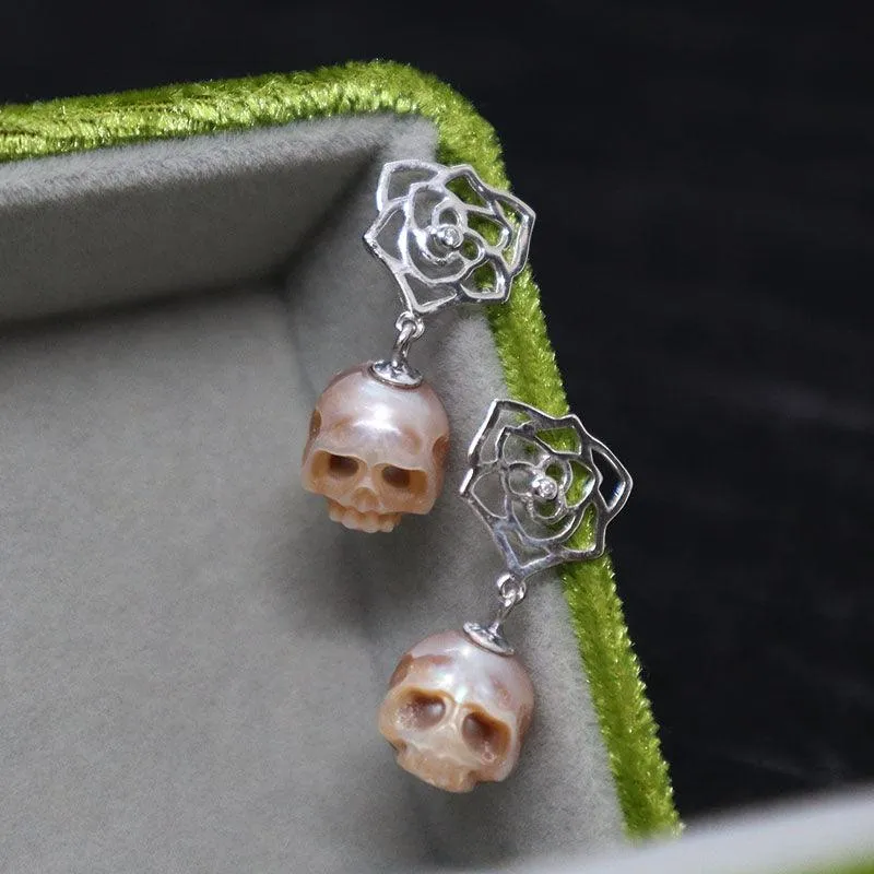 Floral Hollow Flower Pearl Cranium Earrings