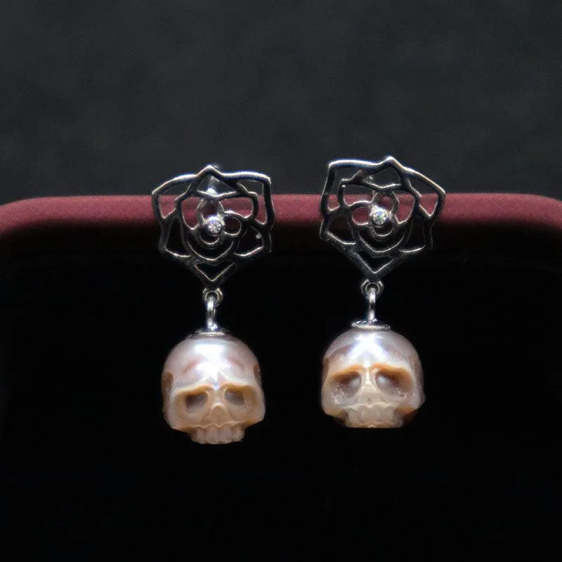 Floral Hollow Flower Pearl Cranium Earrings