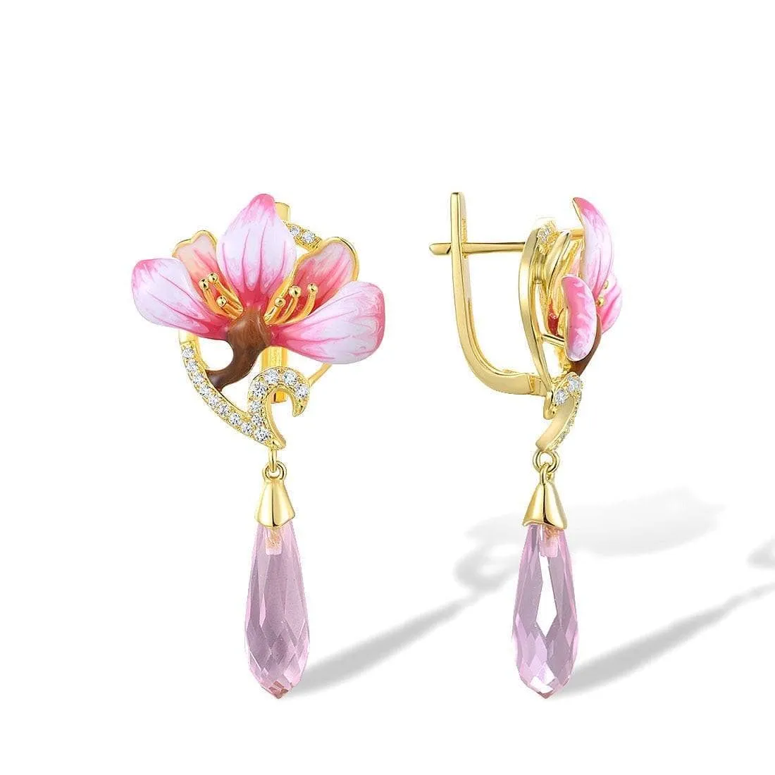 Flower Enamel with Diamond Drop Earrings