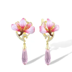 Flower Enamel with Diamond Drop Earrings