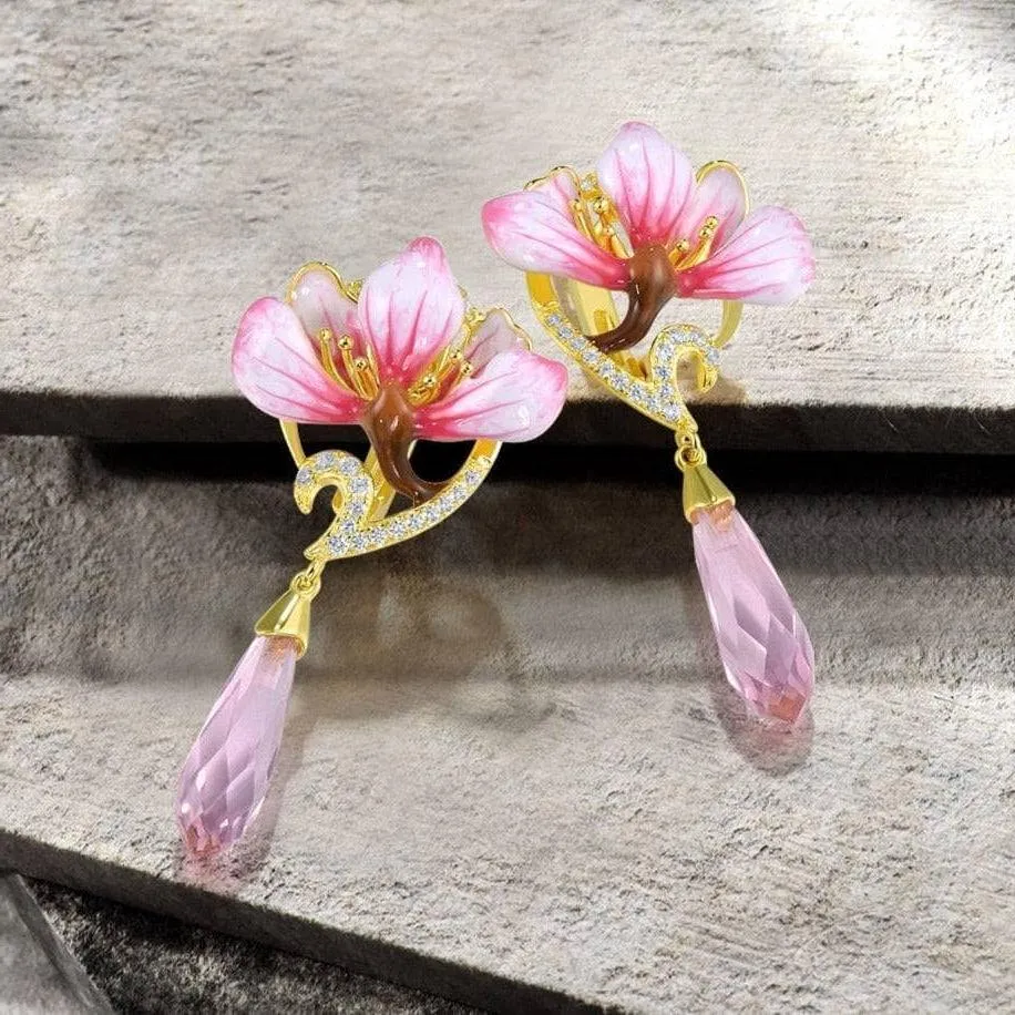Flower Enamel with Diamond Drop Earrings