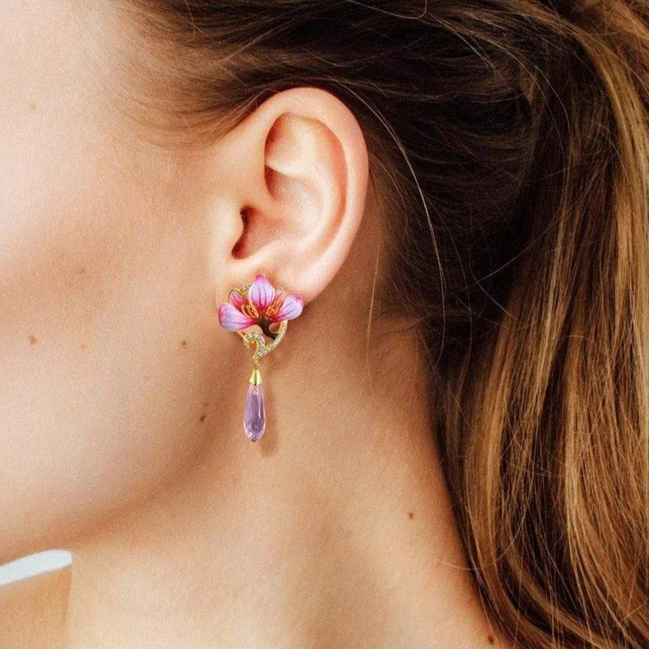 Flower Enamel with Diamond Drop Earrings