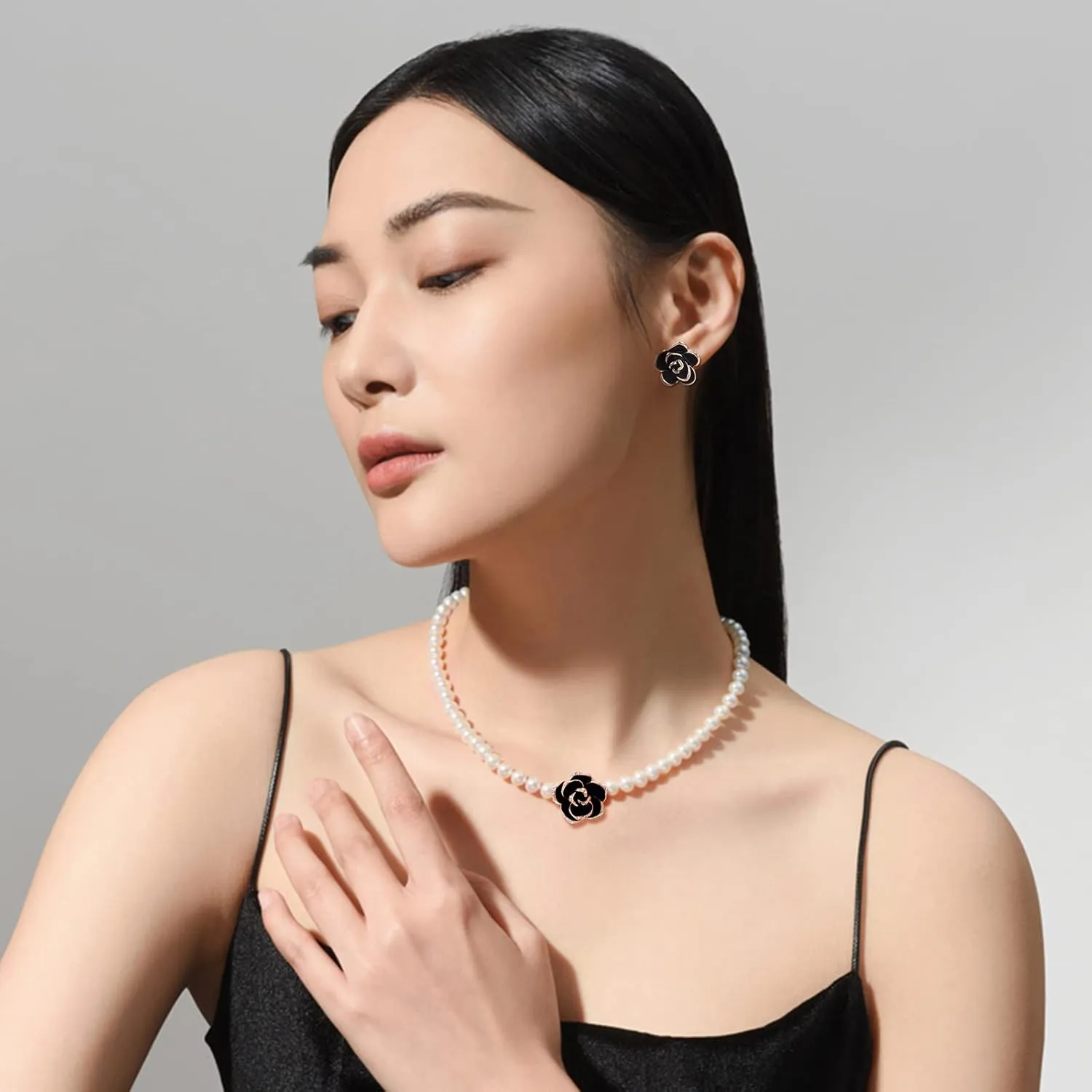 Flower Shell Pearl Choker Necklace Set Black Rose 14K Gold Plated Necklace and Earrings for Women Dainty Handmade Jewelry