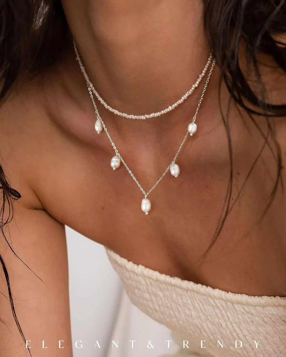 FUNEIA Dainty Pearl Necklace for Women 14K Gold Plated Faux Pearl Choker Necklaces Trendy White Silver Small Pearl Necklace Strand Wedding Prom Bridal Pearls Jewelry 14/16/18/20 Inches