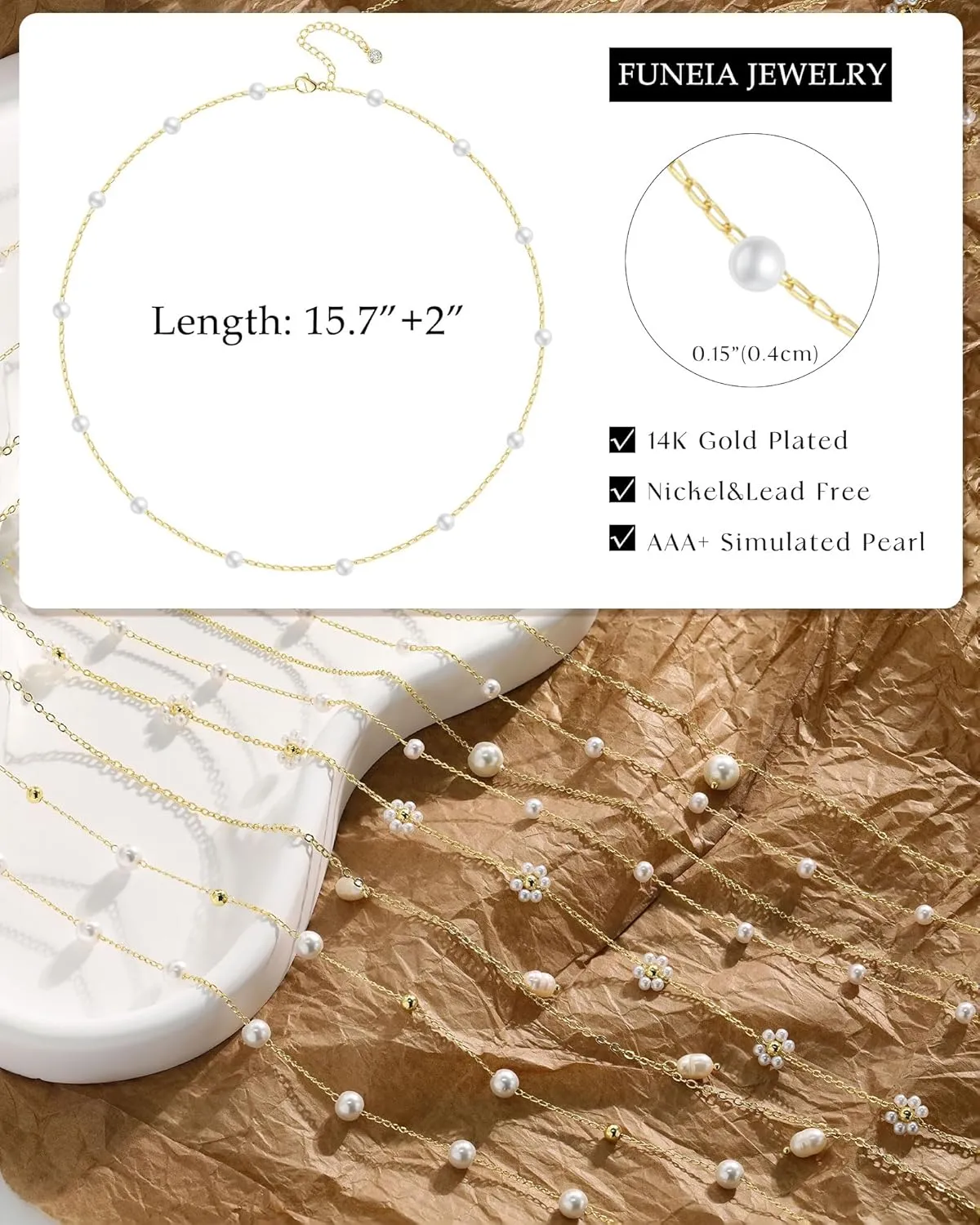 FUNEIA Dainty Pearl Necklace for Women 14K Gold Plated Faux Pearl Choker Necklaces Trendy White Silver Small Pearl Necklace Strand Wedding Prom Bridal Pearls Jewelry 14/16/18/20 Inches