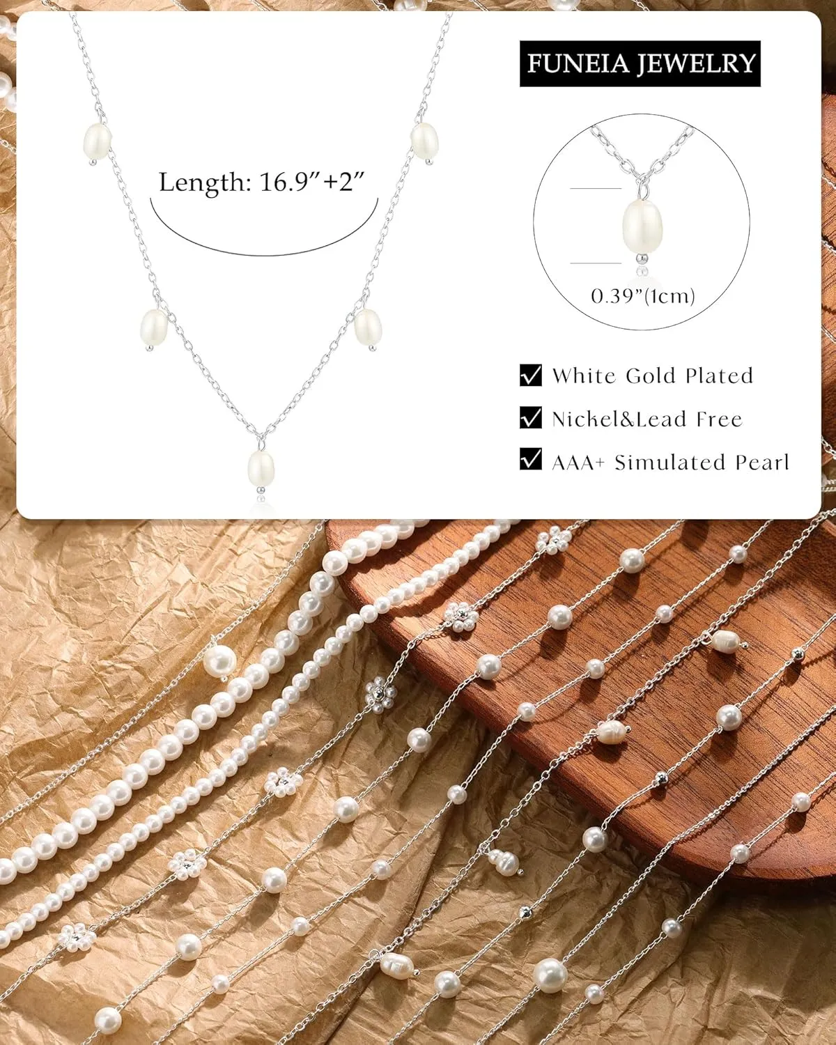 FUNEIA Dainty Pearl Necklace for Women 14K Gold Plated Faux Pearl Choker Necklaces Trendy White Silver Small Pearl Necklace Strand Wedding Prom Bridal Pearls Jewelry 14/16/18/20 Inches