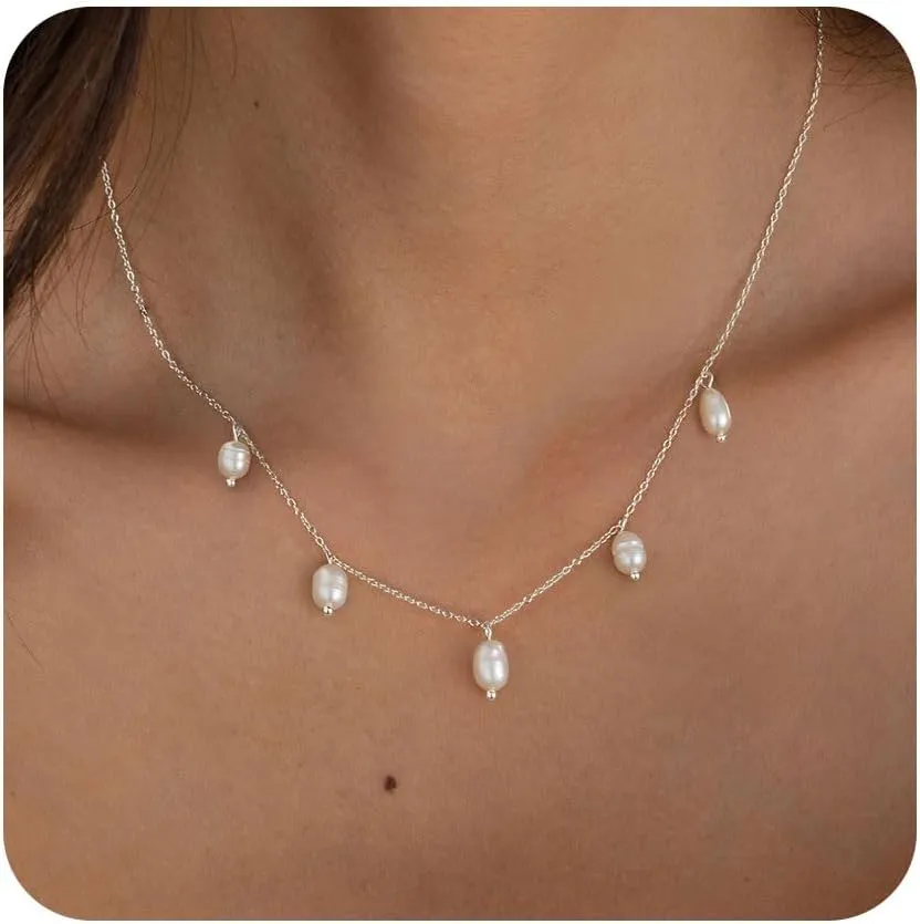 FUNEIA Dainty Pearl Necklace for Women 14K Gold Plated Faux Pearl Choker Necklaces Trendy White Silver Small Pearl Necklace Strand Wedding Prom Bridal Pearls Jewelry 14/16/18/20 Inches