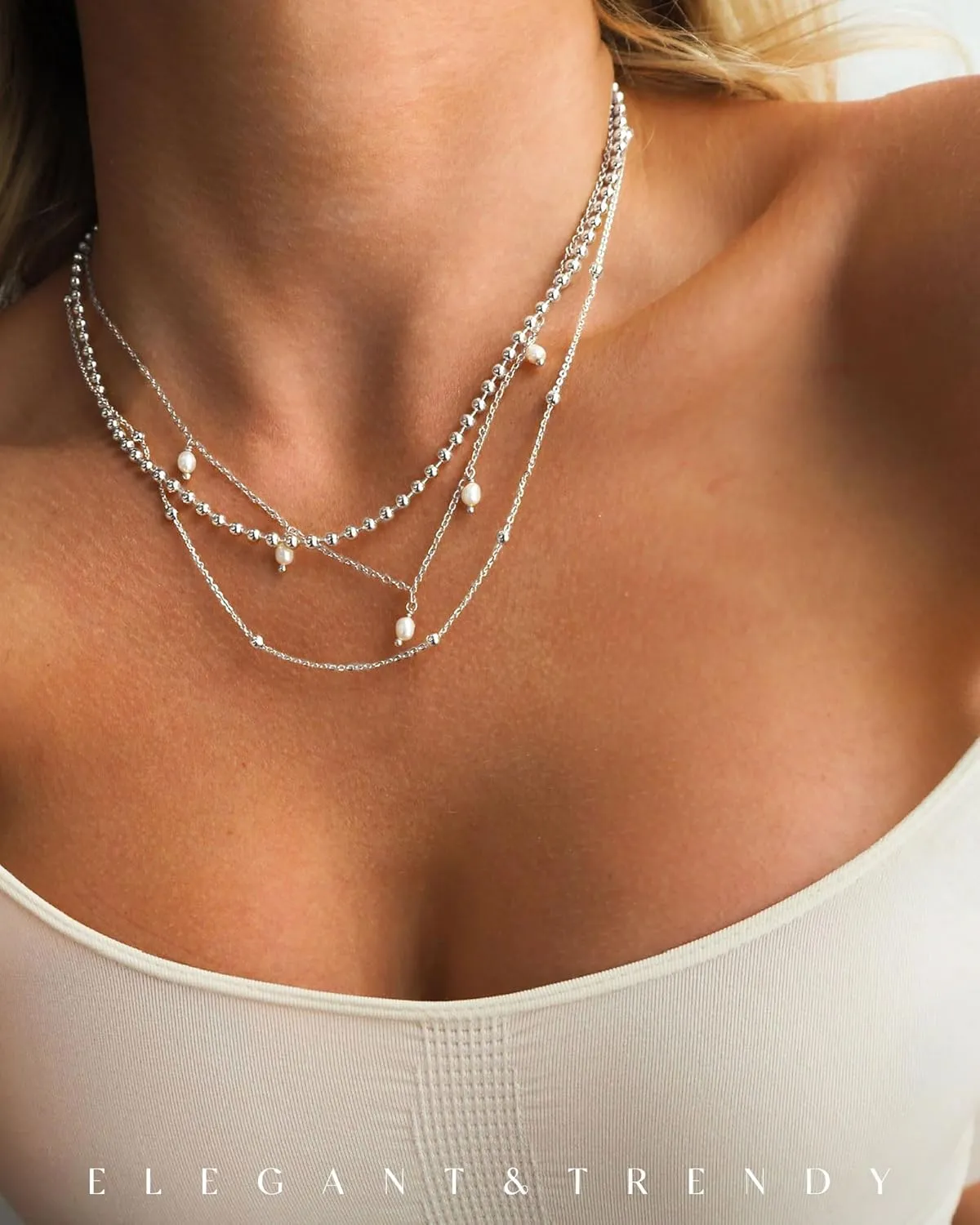 FUNEIA Dainty Pearl Necklace for Women 14K Gold Plated Faux Pearl Choker Necklaces Trendy White Silver Small Pearl Necklace Strand Wedding Prom Bridal Pearls Jewelry 14/16/18/20 Inches