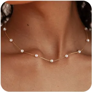 FUNEIA Dainty Pearl Necklace for Women 14K Gold Plated Faux Pearl Choker Necklaces Trendy White Silver Small Pearl Necklace Strand Wedding Prom Bridal Pearls Jewelry 14/16/18/20 Inches