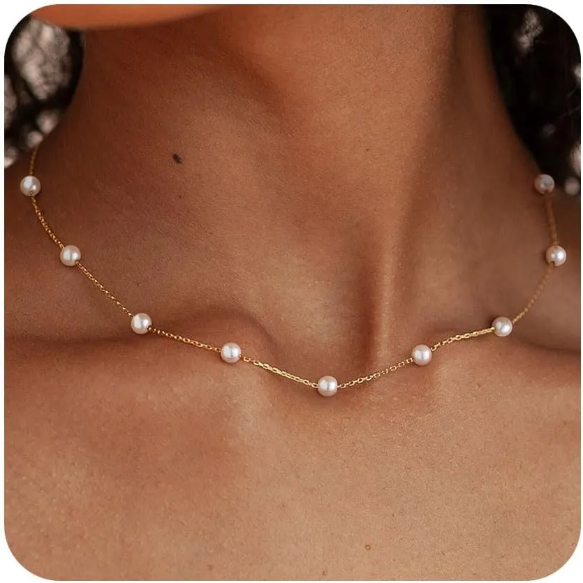 FUNEIA Dainty Pearl Necklace for Women 14K Gold Plated Faux Pearl Choker Necklaces Trendy White Silver Small Pearl Necklace Strand Wedding Prom Bridal Pearls Jewelry 14/16/18/20 Inches