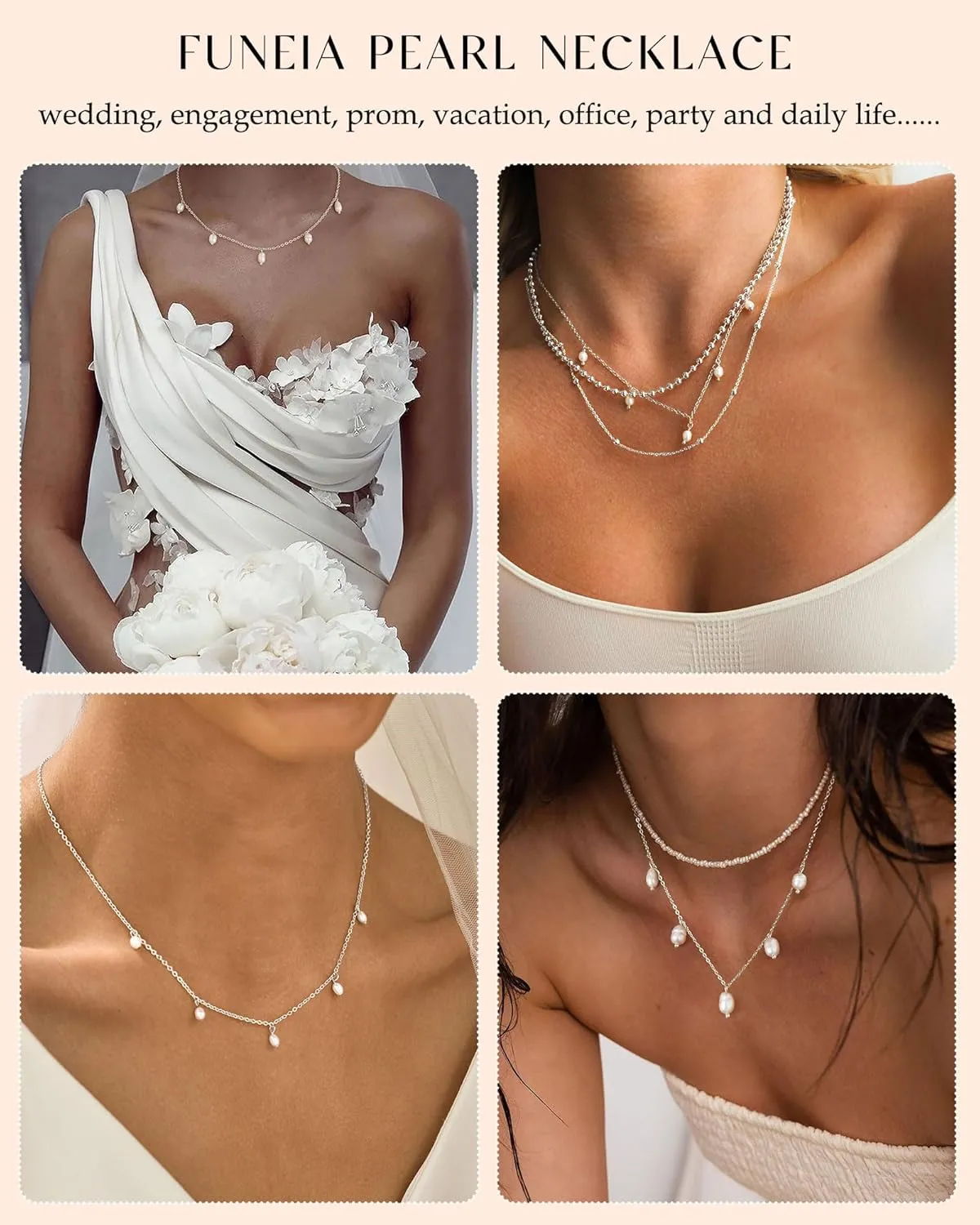 FUNEIA Dainty Pearl Necklace for Women 14K Gold Plated Faux Pearl Choker Necklaces Trendy White Silver Small Pearl Necklace Strand Wedding Prom Bridal Pearls Jewelry 14/16/18/20 Inches