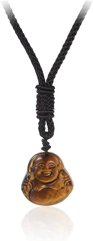Fuqimanman2020 Amulet Tiger Eye Stone Laughing Buddha Pendant Necklace Lucky Talisman Protection Natural Healing Carved Gemstone for Women Men Wealth Atraction Rope Chain Spiritual Jewelry