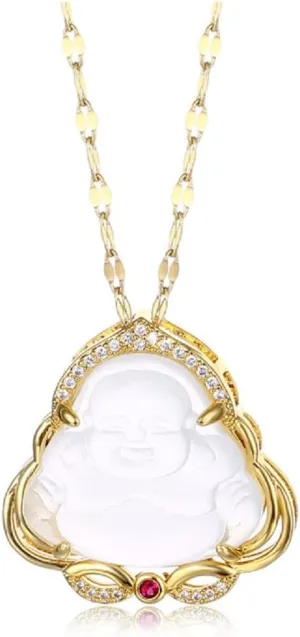 Fuqimanman2020 Lucky 18k Gold Plated Laughing Buddha Pendant Necklace Green Jade Cubic Zirconia Crystal Ice Out Gemstone Amulet Protection Jewelry for Women Men