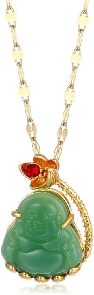 Fuqimanman2020 Lucky 18k Gold Plated Laughing Buddha Pendant Necklace Green Jade Cubic Zirconia Crystal Ice Out Gemstone Amulet Protection Jewelry for Women Men
