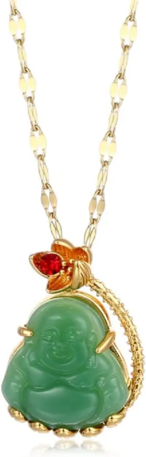 Fuqimanman2020 Lucky 18k Gold Plated Laughing Buddha Pendant Necklace Green Jade Cubic Zirconia Crystal Ice Out Gemstone Amulet Protection Jewelry for Women Men