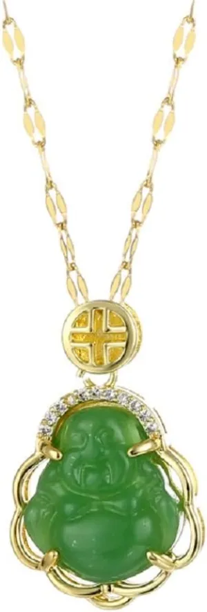 Fuqimanman2020 Lucky 18k Gold Plated Laughing Buddha Pendant Necklace Green Jade Cubic Zirconia Crystal Ice Out Gemstone Amulet Protection Jewelry for Women Men