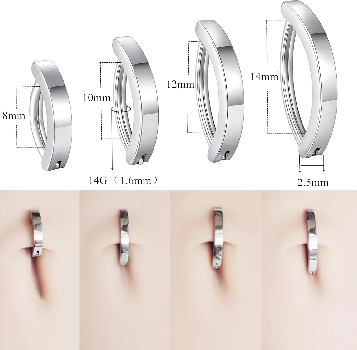 G23 Titanium 14G Belly Button Rings for Women Hinged Hoop Clicker Belly Ring Reverse Curved Navel Ring Floating Navel Barbell Piercing Jewelry 14 Gauge 8mm 10mm 12mm 14mm