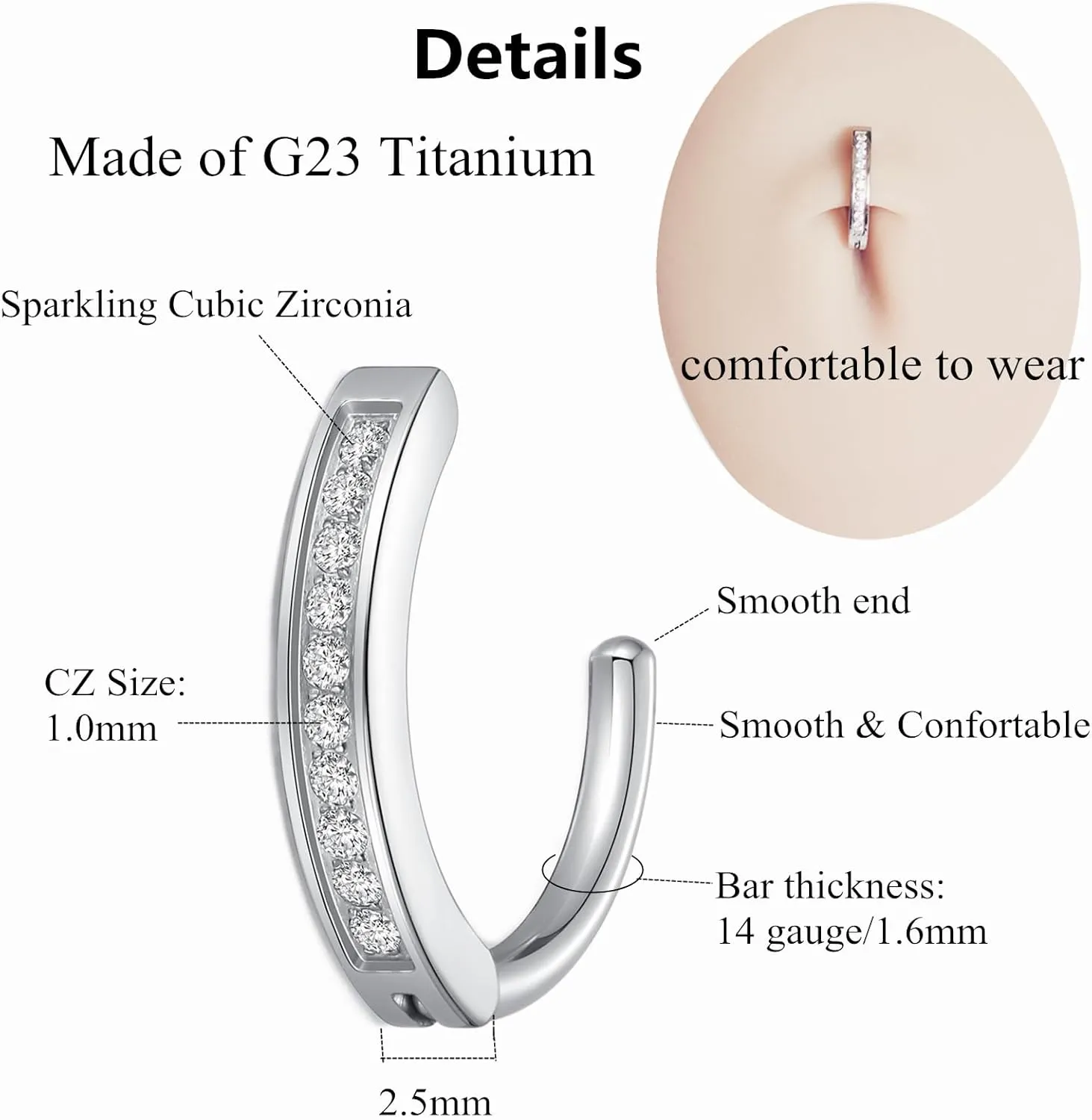 G23 Titanium 14G Belly Button Rings for Women Hinged Hoop Clicker Belly Ring Reverse Curved Navel Ring Floating Navel Barbell Piercing Jewelry 14 Gauge 8mm 10mm 12mm 14mm