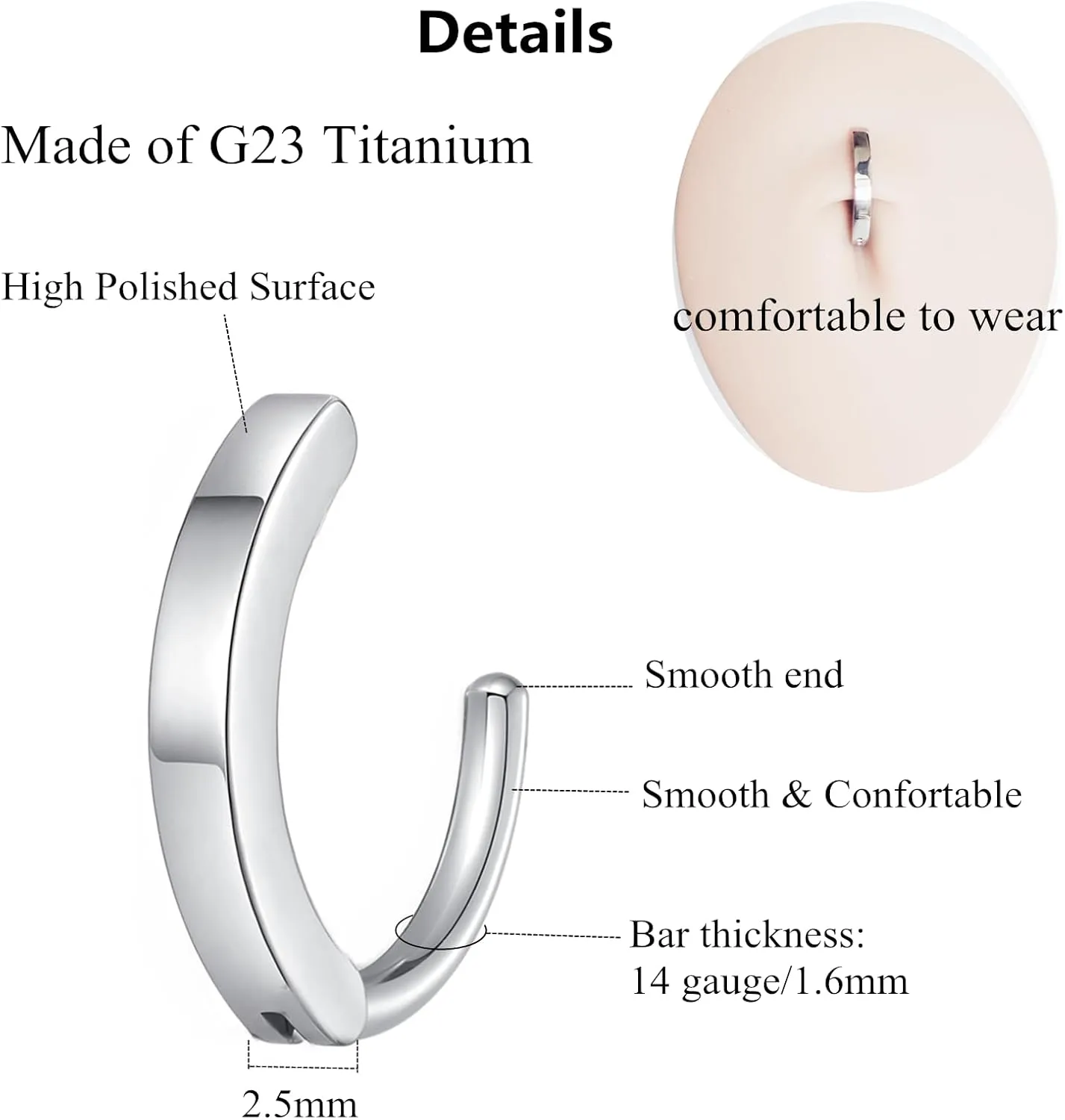 G23 Titanium 14G Belly Button Rings for Women Hinged Hoop Clicker Belly Ring Reverse Curved Navel Ring Floating Navel Barbell Piercing Jewelry 14 Gauge 8mm 10mm 12mm 14mm