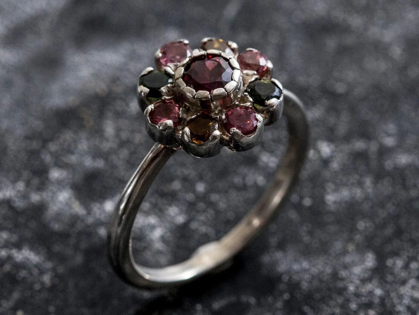 Garnet Flower Ring - Tourmaline Ring - Colorful Cocktail Ring