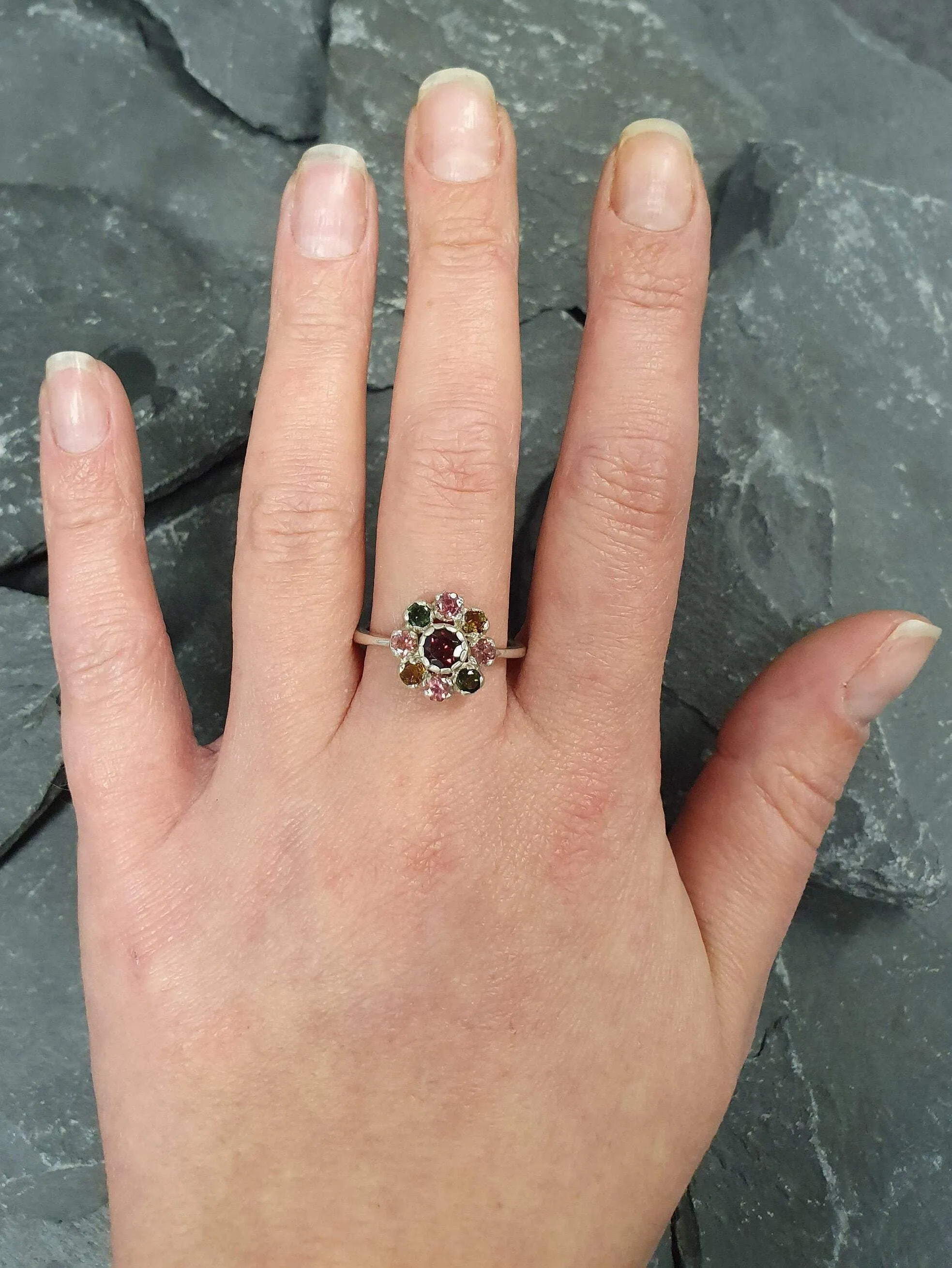 Garnet Flower Ring - Tourmaline Ring - Colorful Cocktail Ring