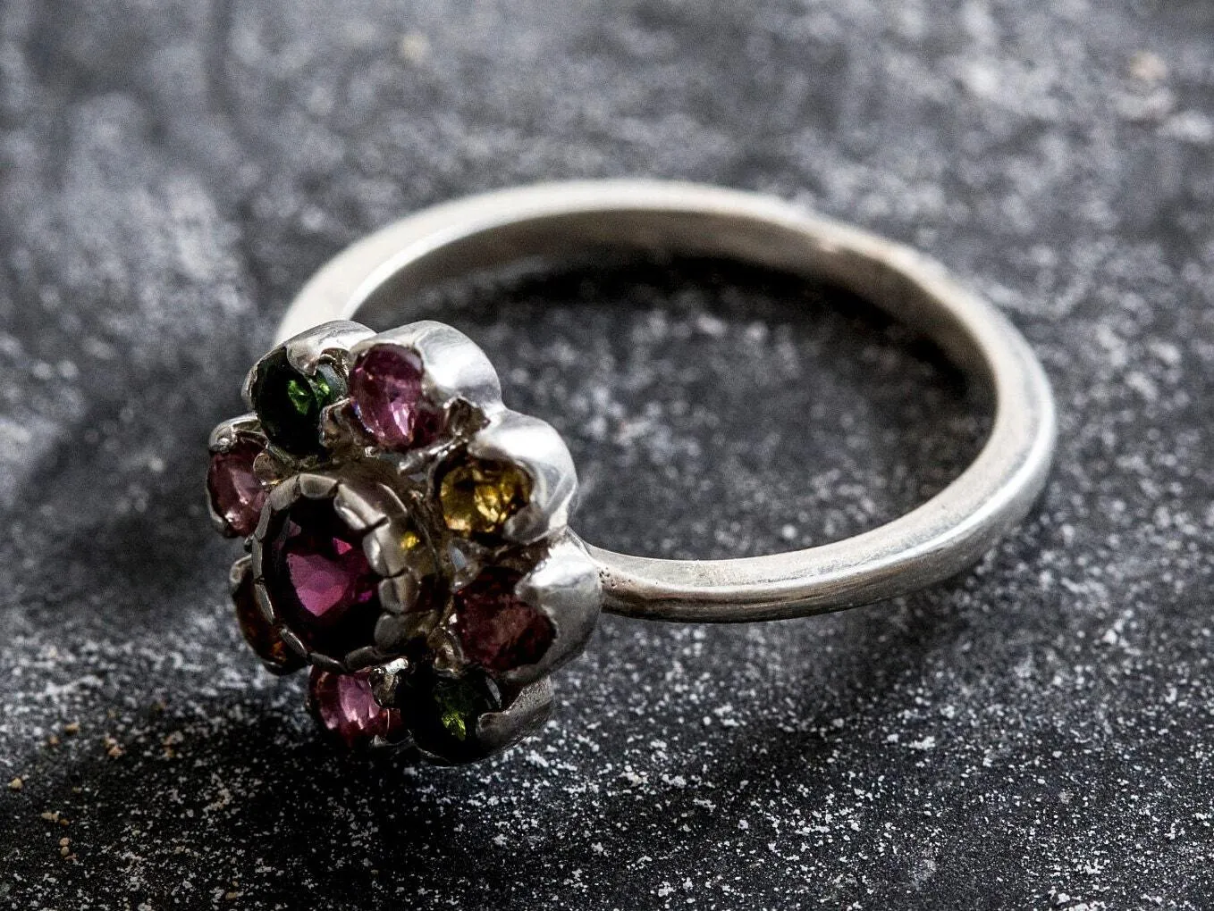 Garnet Flower Ring - Tourmaline Ring - Colorful Cocktail Ring