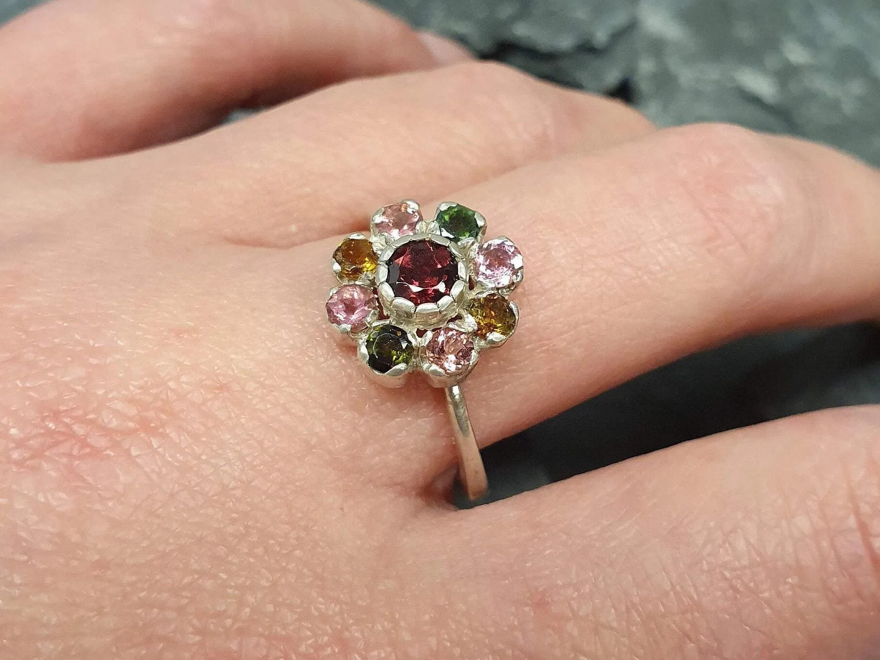 Garnet Flower Ring - Tourmaline Ring - Colorful Cocktail Ring