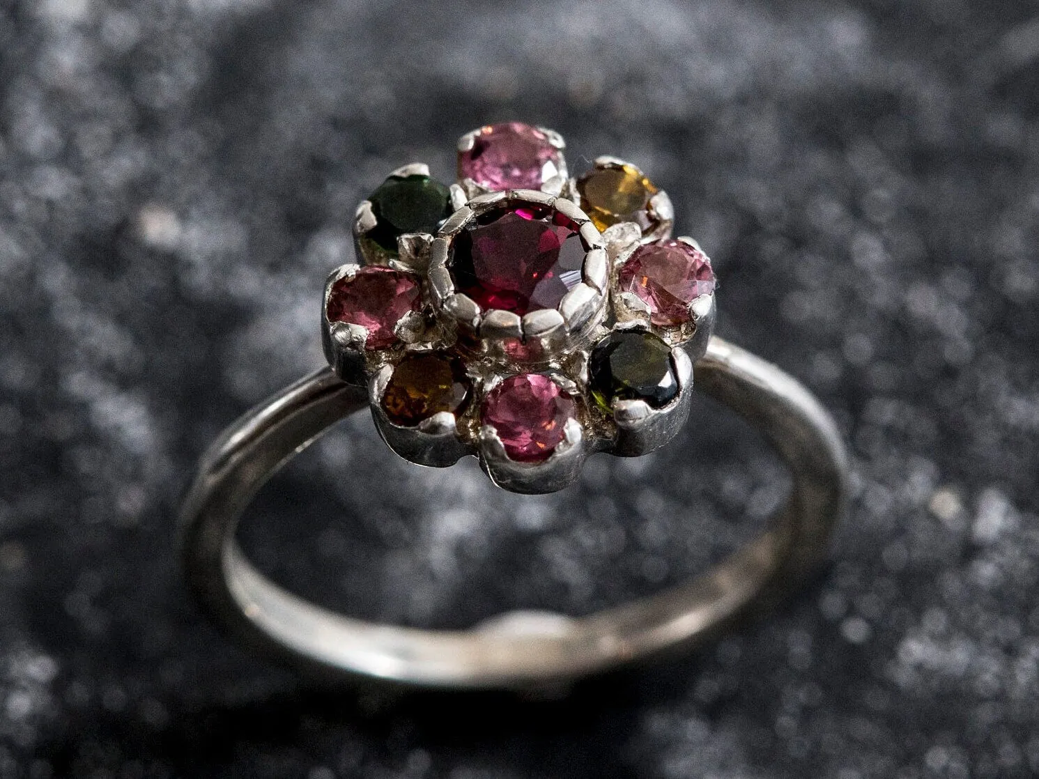 Garnet Flower Ring - Tourmaline Ring - Colorful Cocktail Ring