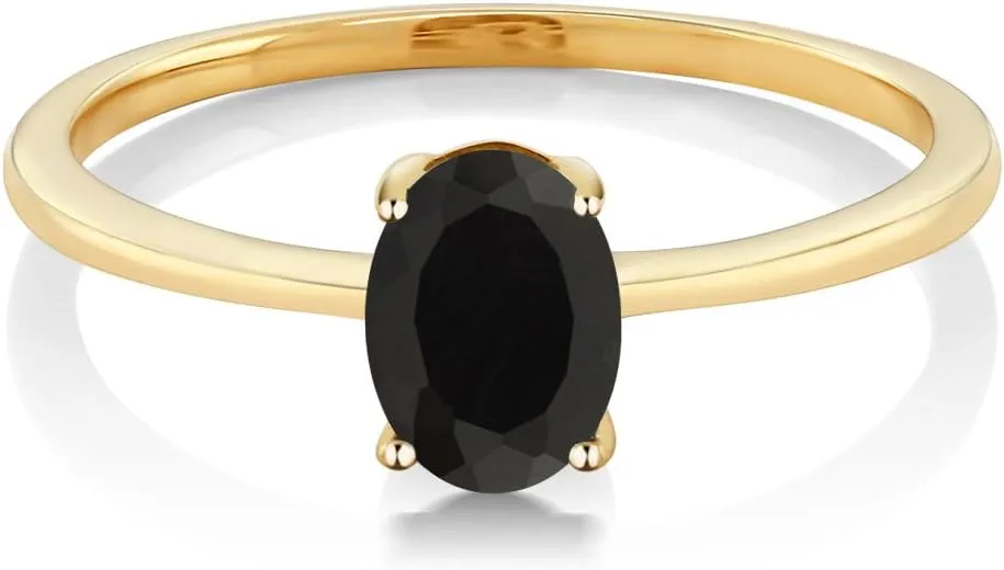 Gem Stone King 10K Yellow Gold Black Onyx Solitaire Engagement Ring For Women | 0.80 Cttw | Oval 7X5MM | Gemstone December Birthstone | Wedding Anniversary Promise Ring For Women