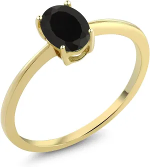 Gem Stone King 10K Yellow Gold Black Onyx Solitaire Engagement Ring For Women | 0.80 Cttw | Oval 7X5MM | Gemstone December Birthstone | Wedding Anniversary Promise Ring For Women