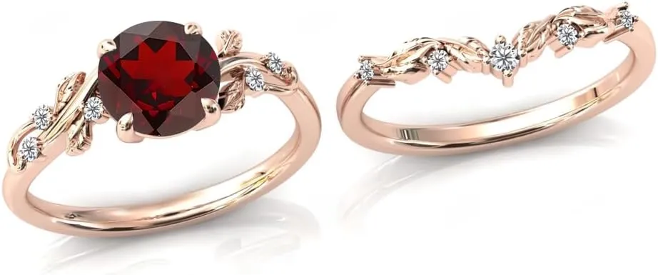 Gemstone Engagement Rings Set for Women Round Cut Gemstone Ring Leaf Art Deco Ring Set 10K 14K 18K White Yellow Rose Gold Vintage Vine Gemstone Wedding Ring Sets Anniversary Promise Ring