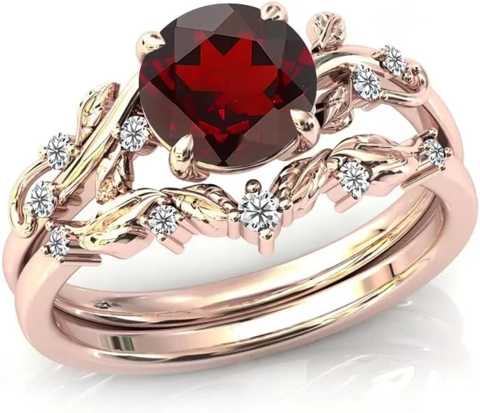 Gemstone Engagement Rings Set for Women Round Cut Gemstone Ring Leaf Art Deco Ring Set 10K 14K 18K White Yellow Rose Gold Vintage Vine Gemstone Wedding Ring Sets Anniversary Promise Ring