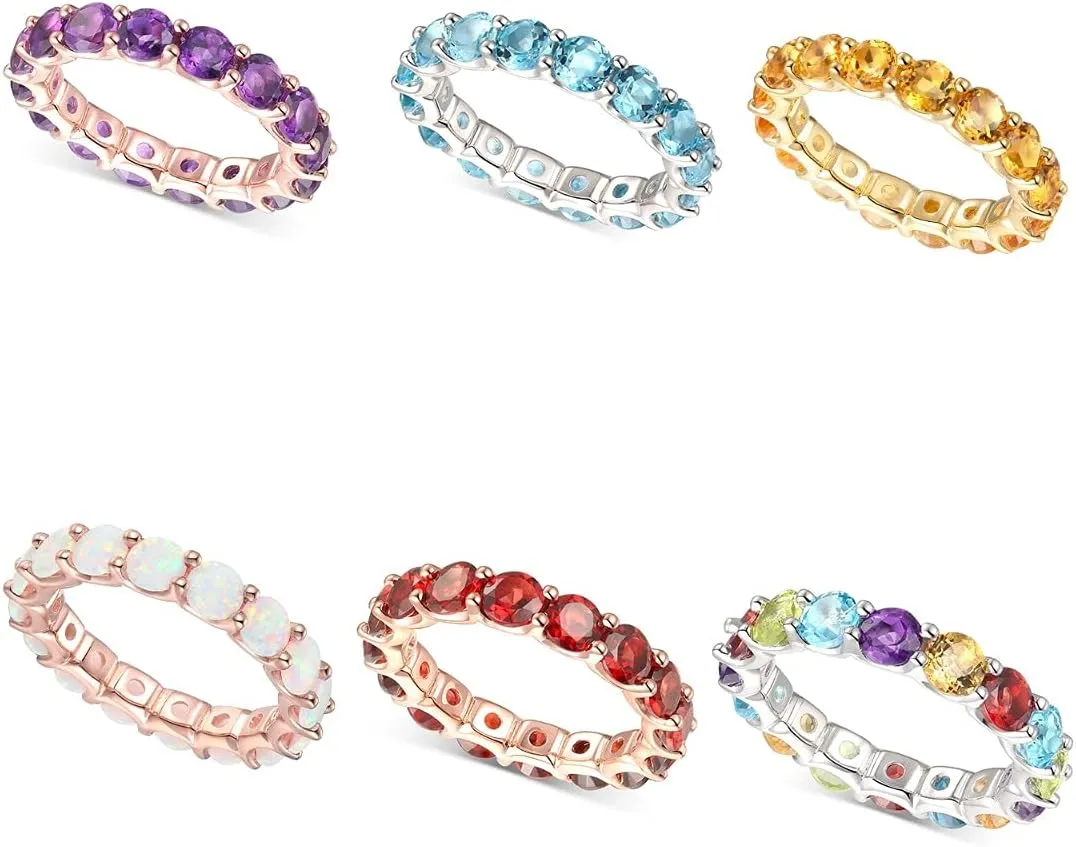 Gemstone Eternity Band Ring, 14K Rose Gold-plated Sterling Silver/14K Gold-plated Sterling Silver/Sterling Silver, Round Stones, Birthstone Rings for Women (4 mm stone)