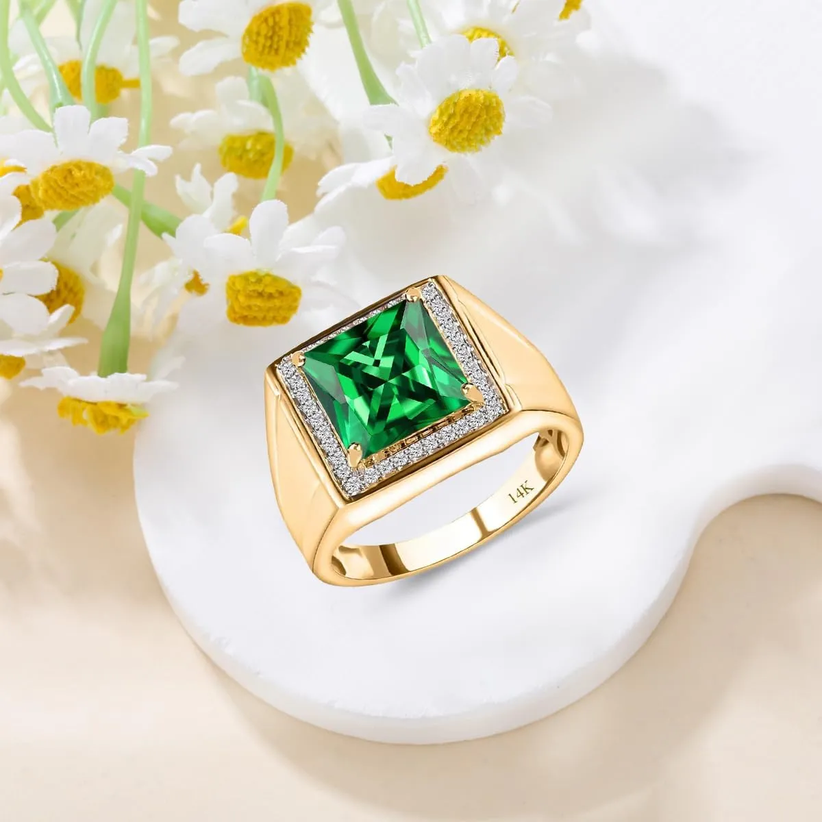 Gemstone Men Ring 8mm Square Cut Birthstone Ring for Men in 10K 14K 18K with 0.3cttw Real Diamond Solid Gold Promise Rings (I2-I3 Clarity)