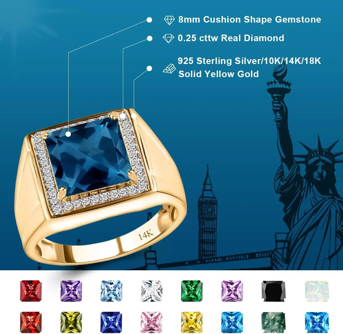 Gemstone Men Ring 8mm Square Cut Birthstone Ring for Men in 10K 14K 18K with 0.3cttw Real Diamond Solid Gold Promise Rings (I2-I3 Clarity)