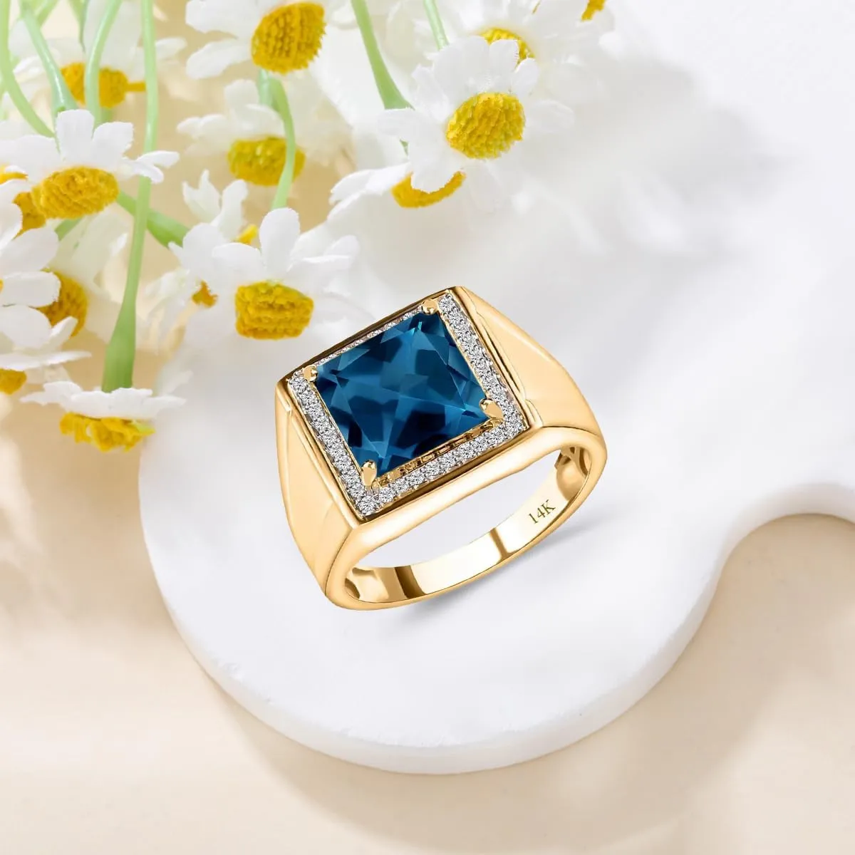 Gemstone Men Ring 8mm Square Cut Birthstone Ring for Men in 10K 14K 18K with 0.3cttw Real Diamond Solid Gold Promise Rings (I2-I3 Clarity)