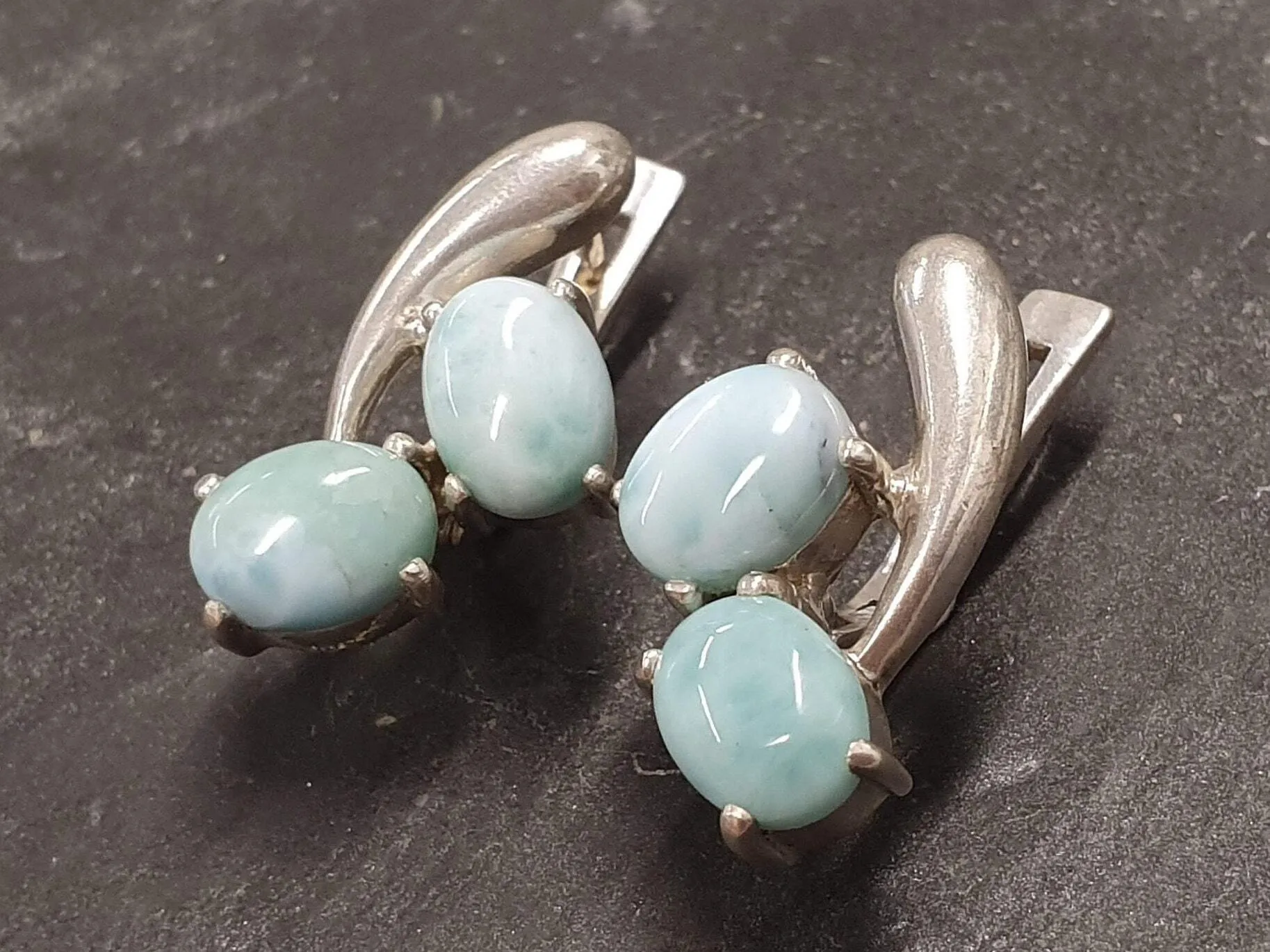 GENUINE Larimar Earrings - Twin Blue Earrings - Long Silver Earrings
