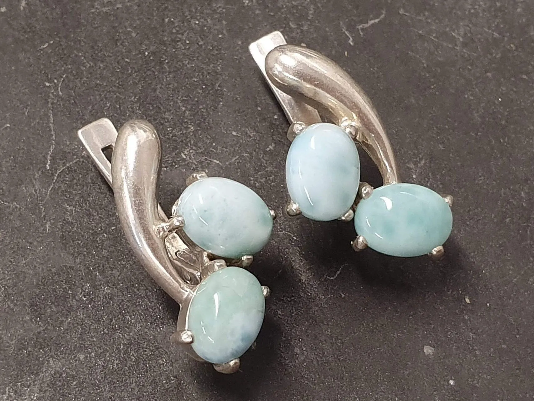 GENUINE Larimar Earrings - Twin Blue Earrings - Long Silver Earrings