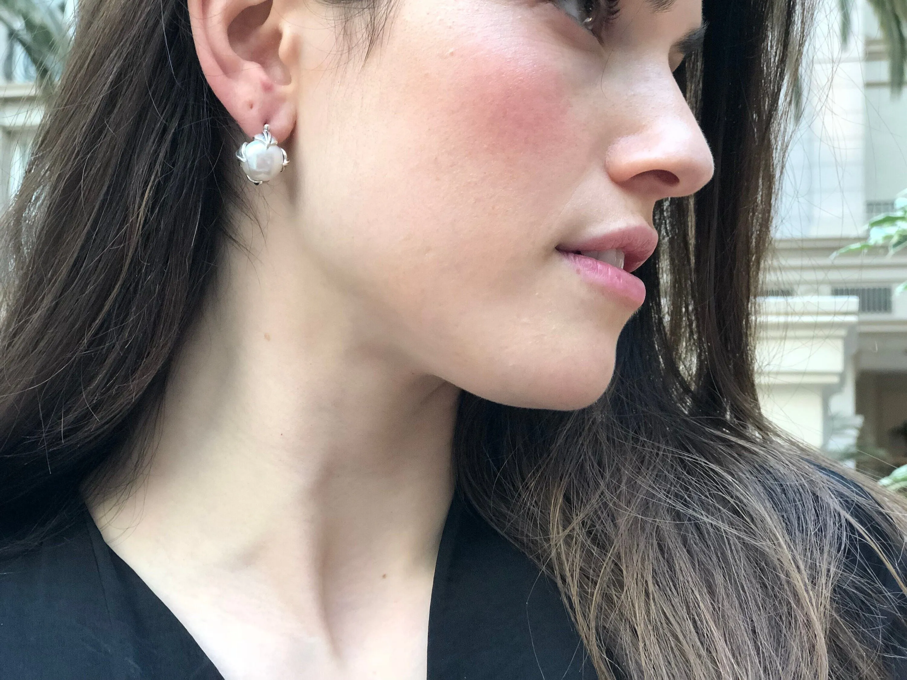 Genuine Pearl Earrings - Round White Studs - Vintage Leaf Earrings